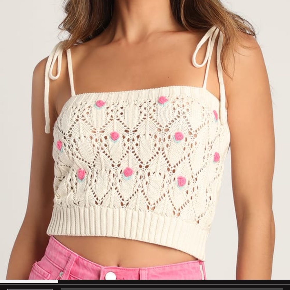 NWOT Budding Feelings Beige Pointelle Knit Tie-Strap Crop Top